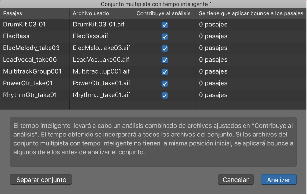 Ilustración. Ventana “Conjunto multipista con tempo inteligente” con los archivos de audio usados en el conjunto multipista.