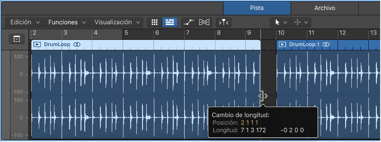 Ilustración. Se está acortando un pasaje en el editor de audio, donde se muestra una etiqueta de ayuda con la longitud del pasaje y la cantidad de acortamiento.