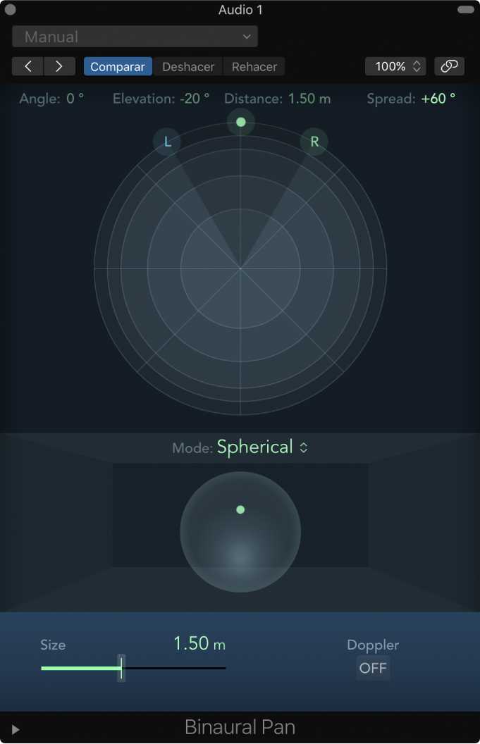 Ilustración. Modo Esférico en la ventana del control de balance biaural.