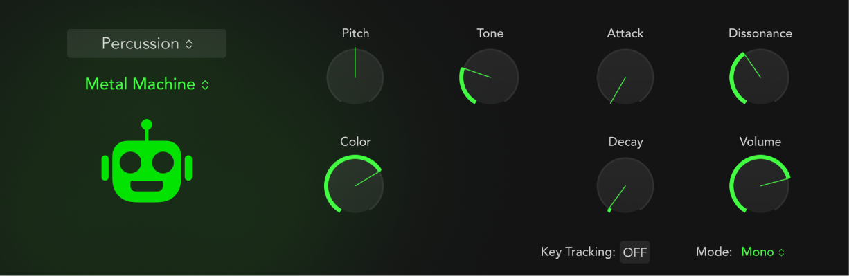 Ilustración. Interfaz de Drum Synth con un sonido de percusión y parámetros asociados. Los parámetros cambian cuando se elige un sonido de percusión diferente.