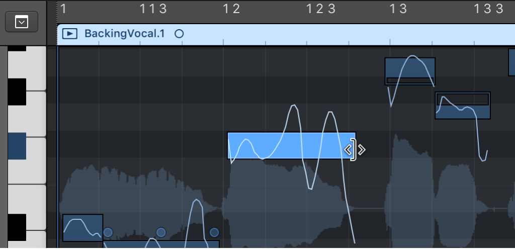 Ilustración. Arrastra del borde derecho de una nota en el editor de pistas de audio.