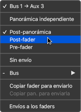 Ilustración. Se está seleccionando una opción de flujo de señal para el potenciómetro Envío.