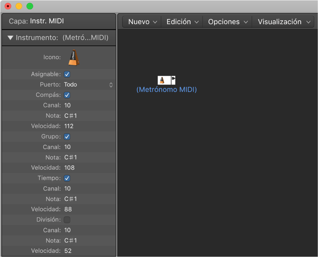Ilustración. Ventana Entorno con un objeto metrónomo MIDI y su inspector.