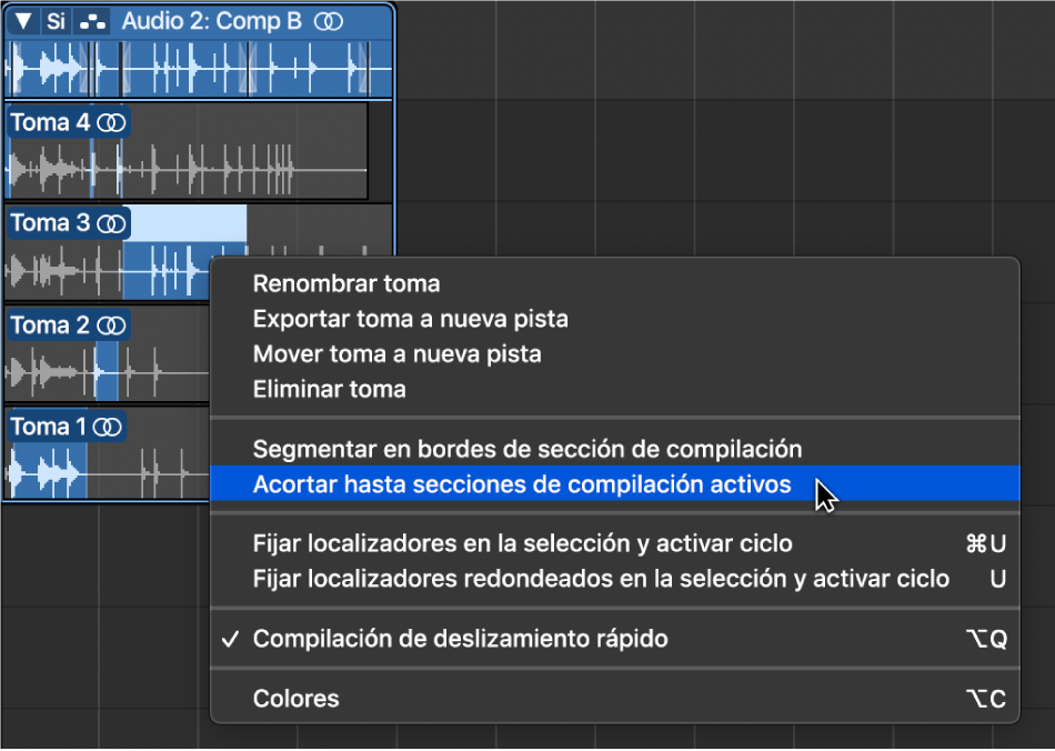 Ilustración. Se está seleccionando “Acortar hasta secciones de compilación activas” en el menú de función rápida.