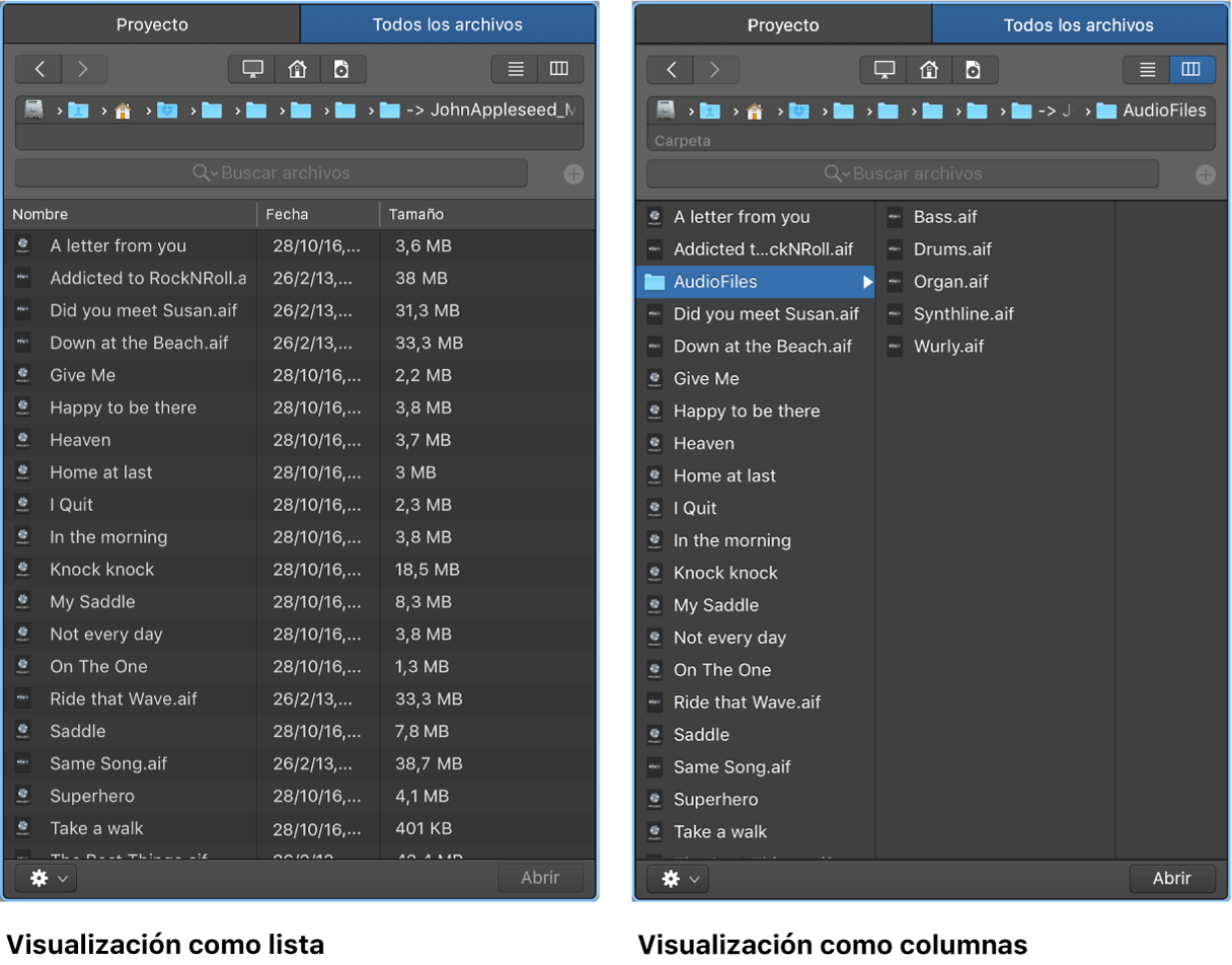 Ilustración. Visualización como lista y visualización como columnas en el explorador de todos los archivos.