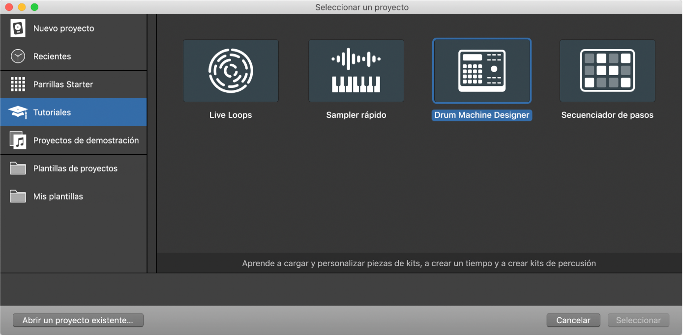 Ilustración. Selector de proyectos con un proyecto de tutorial seleccionado.