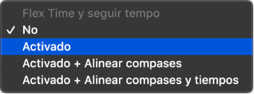 Ilustración. Menú desplegable “Flex y seguir” en el inspector de pistas con opciones disponibles.