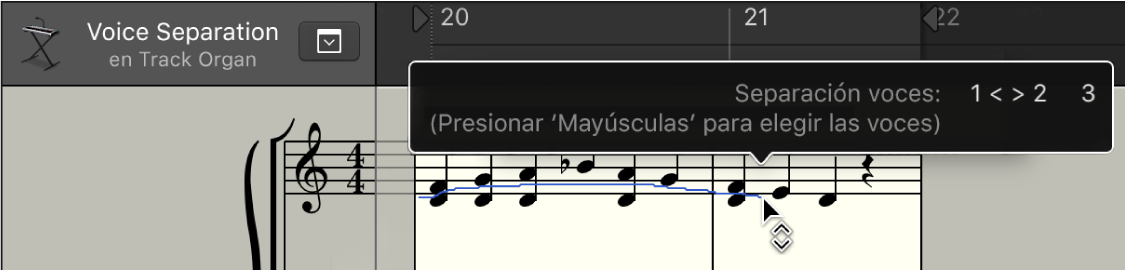Ilustración. Herramienta “Separación voces” entre dos notas en el editor de partituras.
