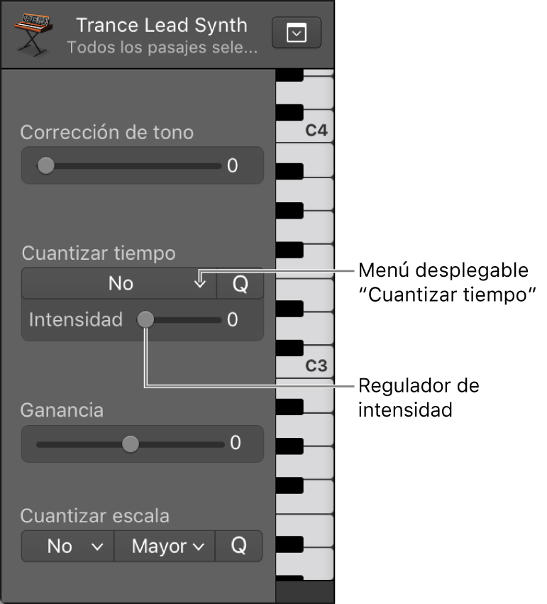 Ilustración. Menú desplegable Cuantizar y regulador Sensibilidad.