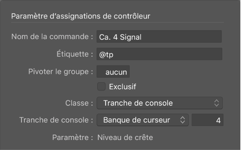 Figure. Fenêtre des assignations de contrôleur en mode de présentation Expert.