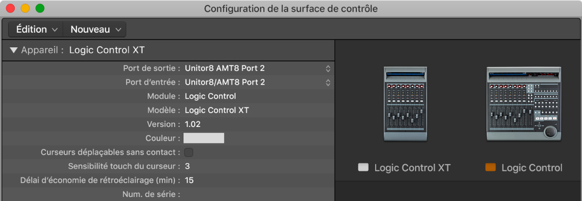 Figure. Fenêtre de configuration des surfaces de contrôle affichant un groupe de surfaces de contrôle.