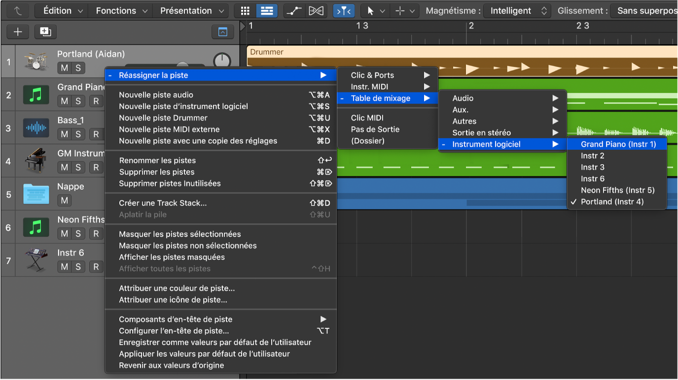 Figure. Menu contextuel Réassigner la piste, avec les destinations.