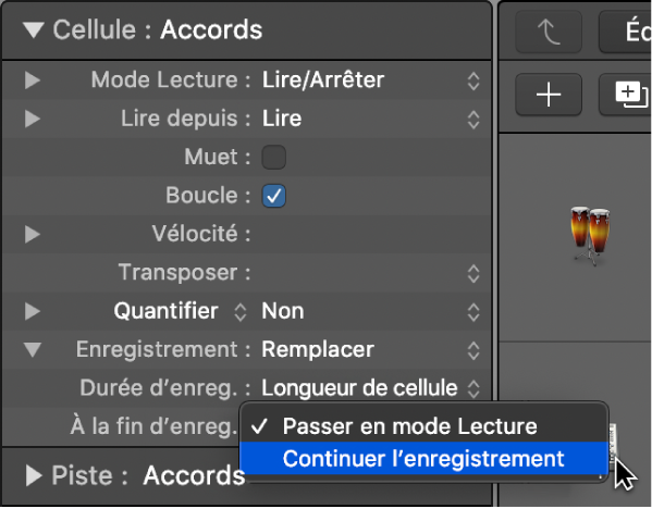 Figure. Menu local des réglages « À la fin d’enreg. » dans l’inspecteur de cellule.