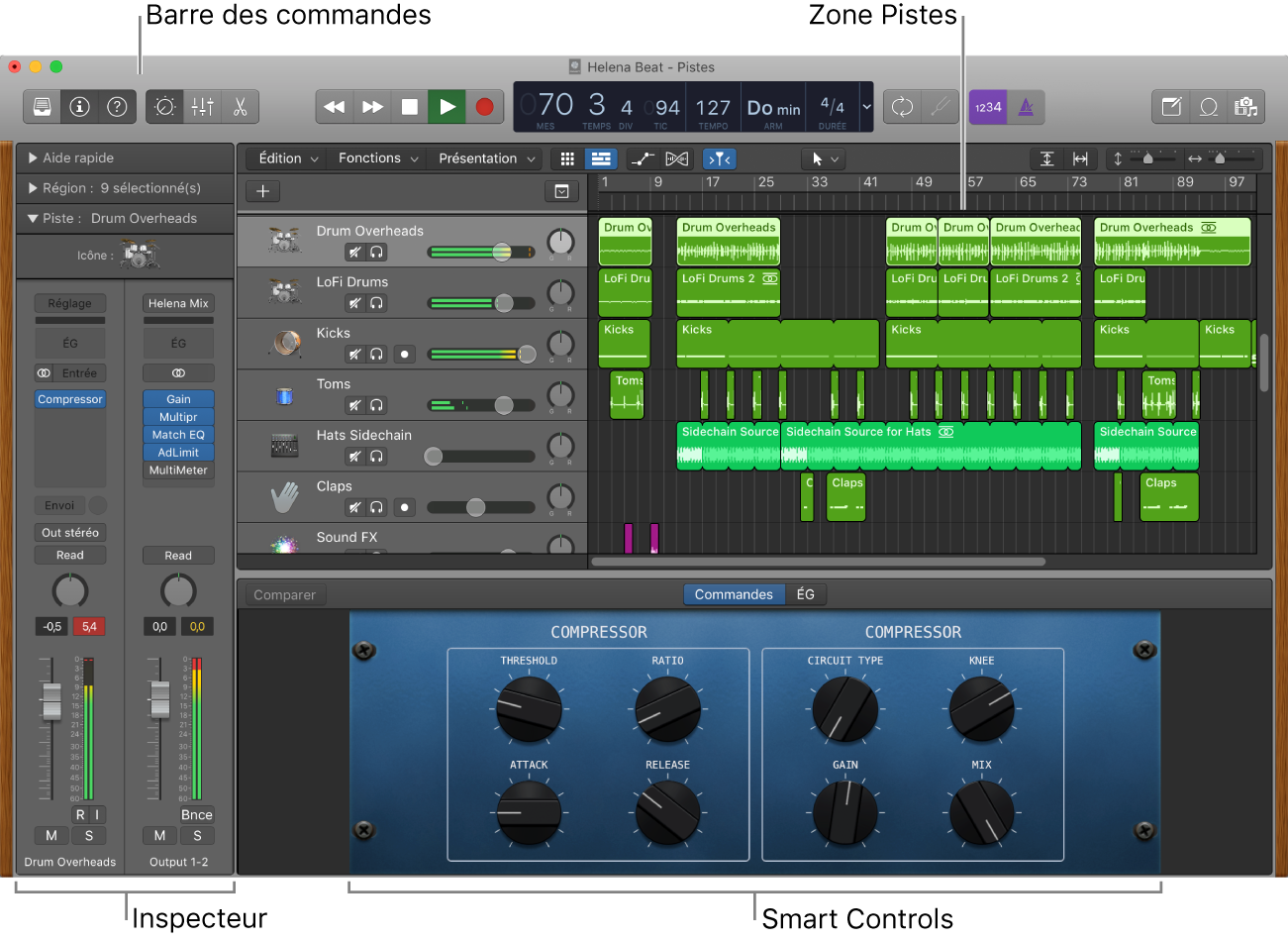 Figure. Fenêtre principale de Logic Pro avec les zones principales de travail.