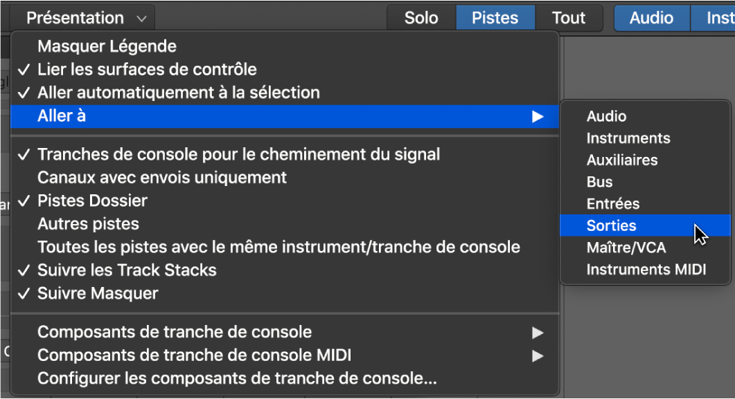 Figure. Sous-menu « Aller à » dans le menu Présentation de la table de mixage.