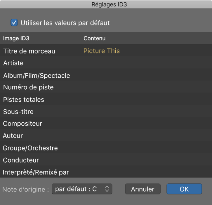 Figure. Zone de dialogue Réglages ID3.