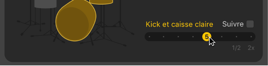 Figure. Glissement du curseur « Kick et caisse claire » dans l’éditeur de drummer.