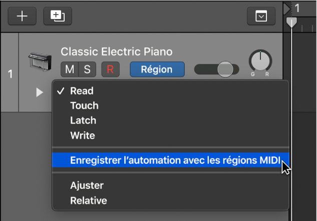 Enregistrement d’automation avec l’élément de menu Régions MIDI dans le menu local Mode d’automation.