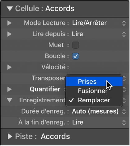 Figure. Menu local Enregistrement dans l’inspecteur de cellule affichant les modes d’enregistrement.