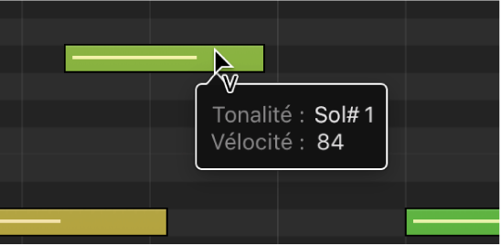 Figure. Modification de la vélocité d’une note MIDI dans la partition défilante à l’aide de l’outil Vélocité. La bulle d’aide mentionne la valeur de vélocité.