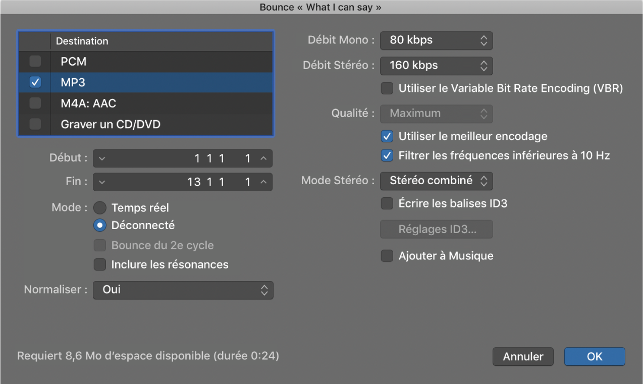 Figure. Options MP3 dans la fenêtre Bounce.