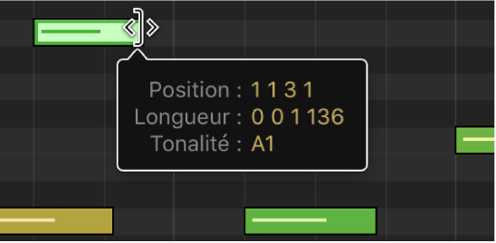 Figure. Glissement du bord inférieur droit d’une note MIDI dans l’éditeur de partition défilante. La bulle d’aide mentionne la durée de la note.