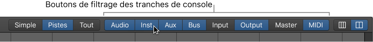 Figure. Boutons de filtre de tranches de console, avec quelques tranches de console sélectionnées.