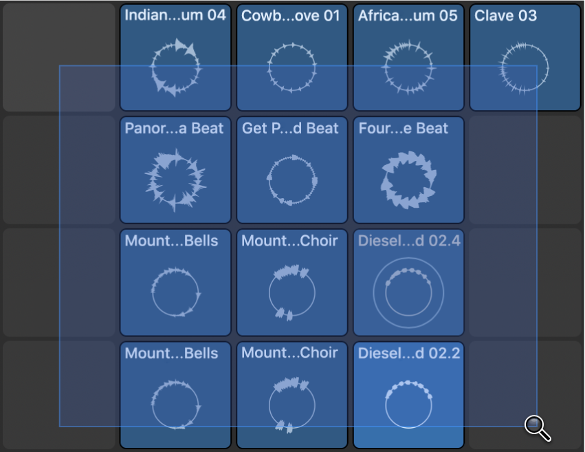 Figure. Grille des Live Loops montrant une sélection de cellule établie à l’aide de l’outil Zoom.