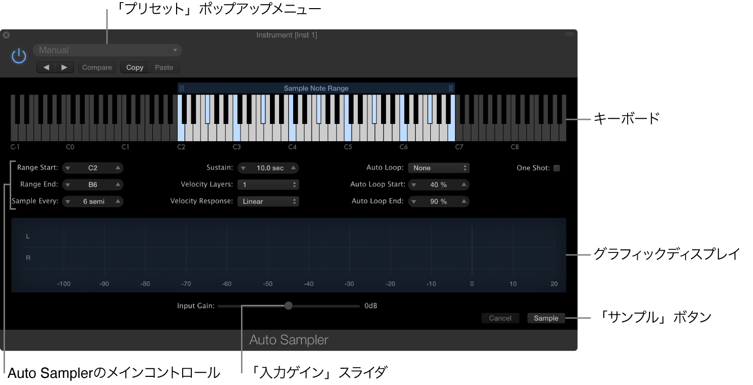 図。領域とコントロールが表示されたAuto Samplerプラグインウインドウ。