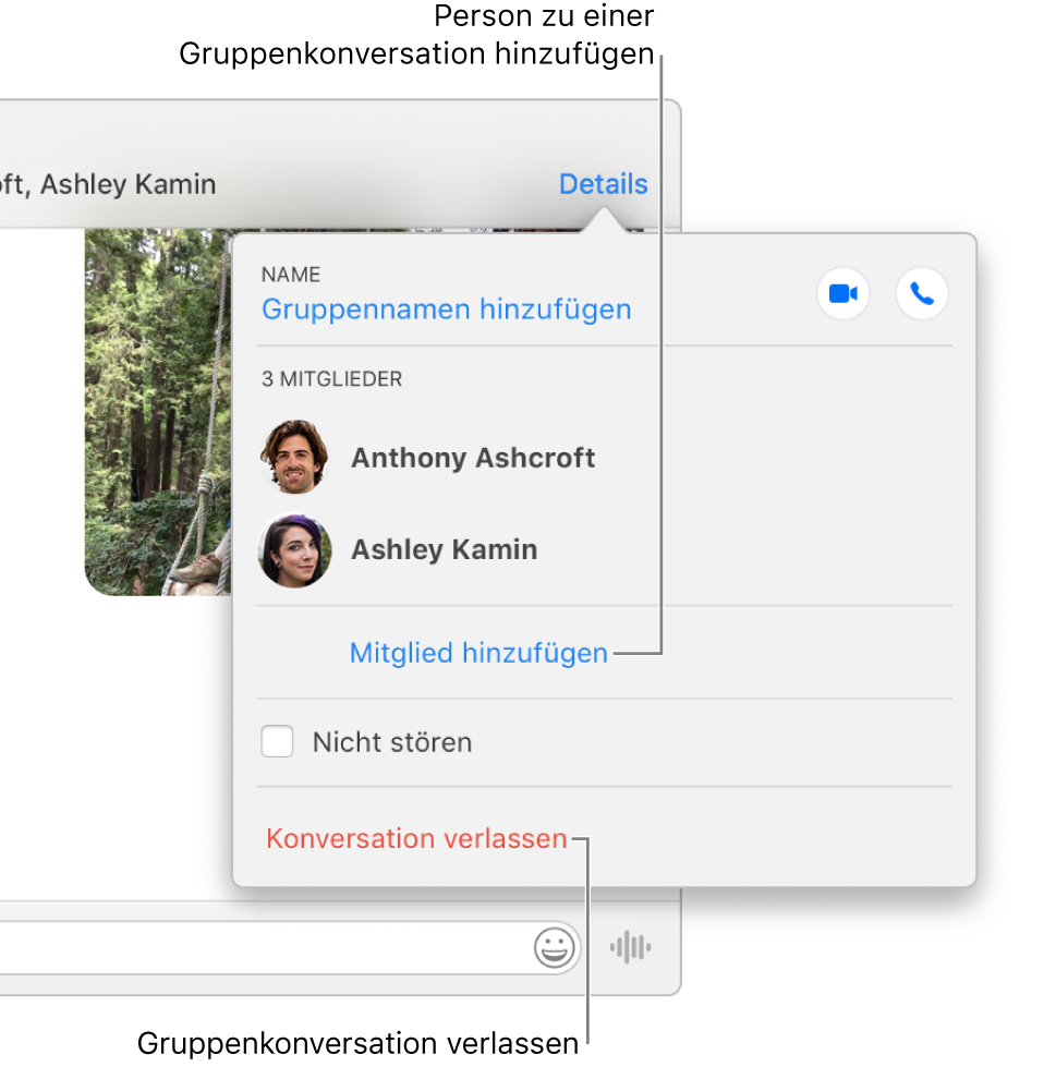 Darstellung „Details“; sie wird angezeigt, wenn du in einer Gruppenkonversation auf „Details“ klickst. Unter dem letzten Teilnehmer in der Liste wird „Mitglied hinzufügen“ angezeigt; ganz unten im Fenster ist die Option „Konversation verlassen“ zu sehen.