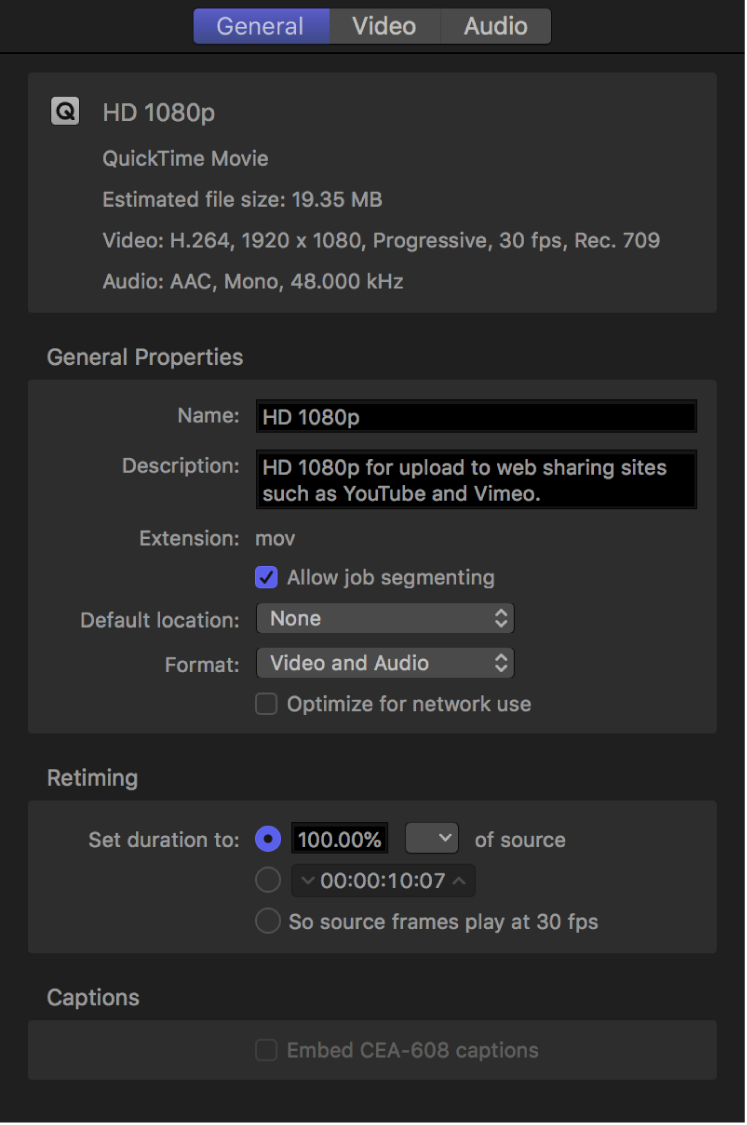 Informationsfenster mit den Eigenschaften der Einstellung „HD 1080p“.