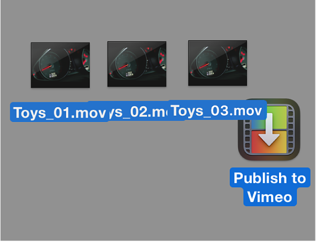 Three QuickTime movies being dragged to droplet on the desktop