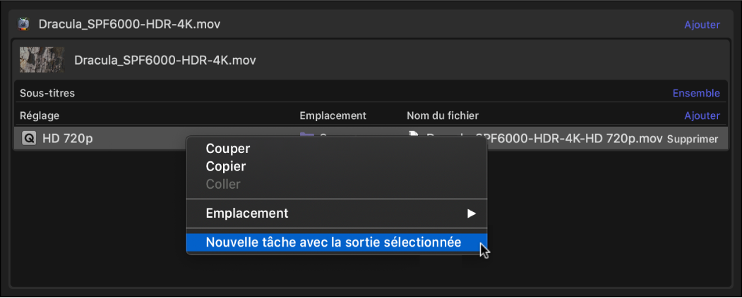 Zone du lot reprenant le menu contextuel Tâche