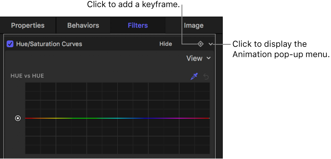 Informationsfenster „Filter“ mit der Taste „Keyframe hinzufügen“ und der Taste zum Öffnen des Animationsmenüs