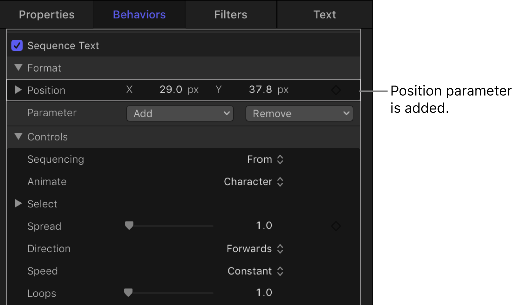 Inspector showing Position control added to Sequence Text parameters