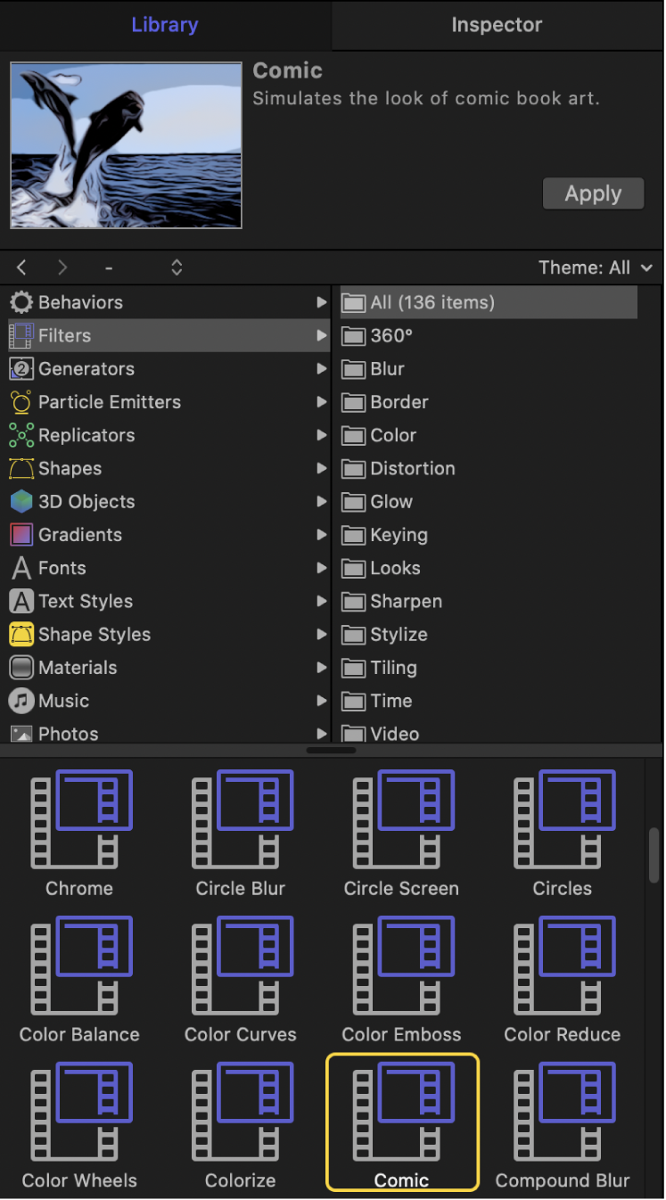 Biblioteca y categorías de Filtros