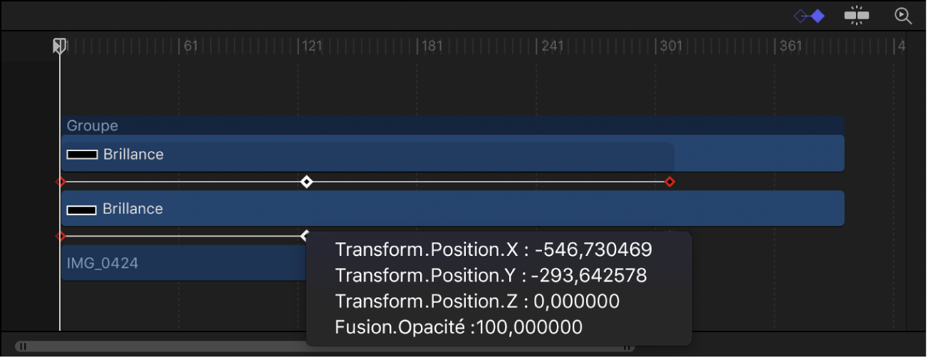 Menu contextuel d’image clé reprenant les paramètres animés avec des images clés au niveau de l’image active