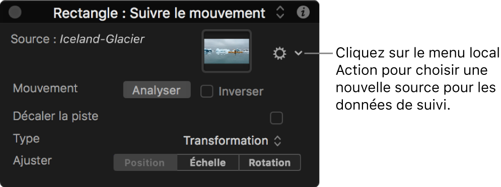 Palette montrant les paramètres du comportement Suivre le mouvement avec le menu local Action actif