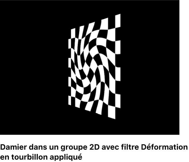 Canevas affichant un damier dans un groupe 2D auquel un filtre Déformation en tourbillon est appliqué