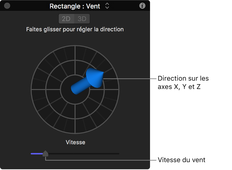 Palette avec commandes spéciales pour le comportement Vent en mode 3D