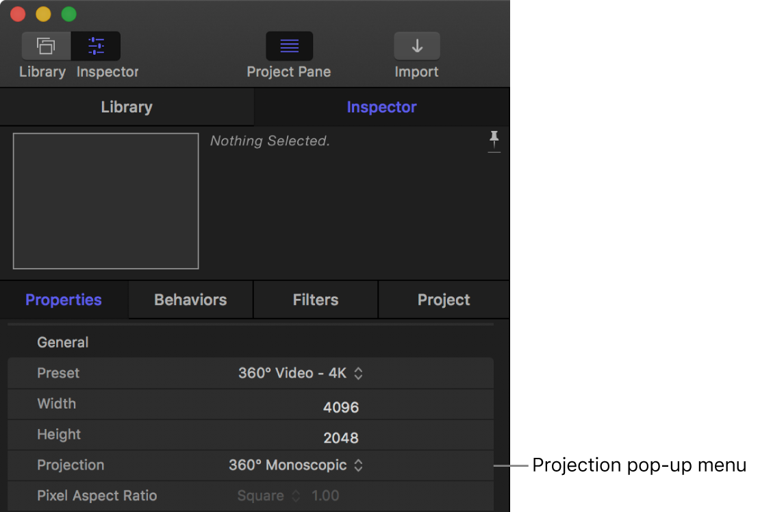 「プロジェクトの情報」インスペクタの「プロジェクション」ポップアップメニュー