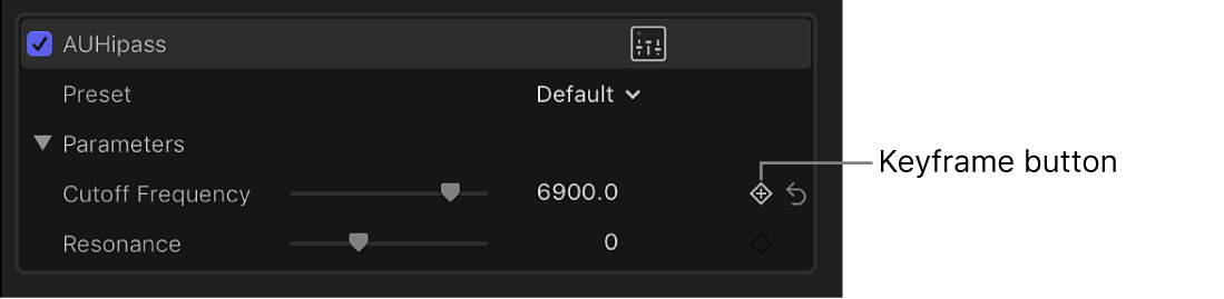 Die Keyframe-Taste für Effekt im Informationsfenster „Audio“