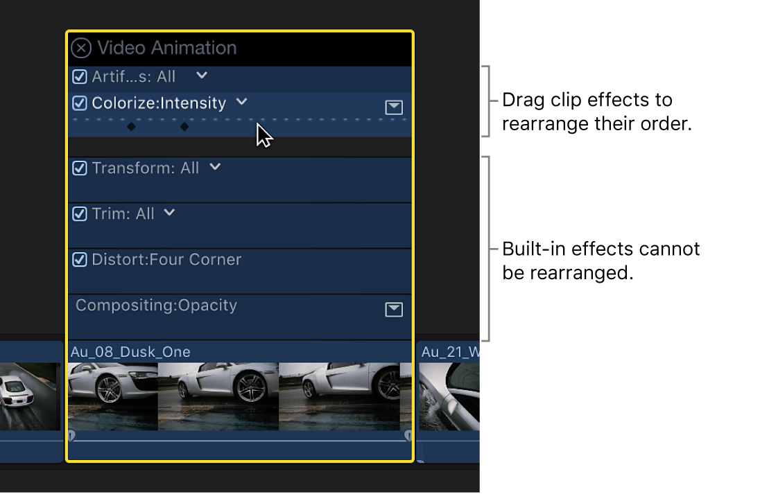 Ein Effekt im Videoanimations-Editor wird an eine neue Position verschoben