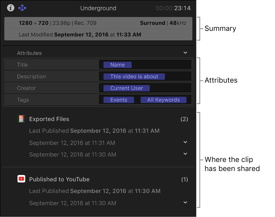 Das Informationsfenster „Bereitstellen“ mit Zusammenfassung, den Metadaten des bereitgestellten Objekts und Angaben zum Bereitstellungsort des Clips