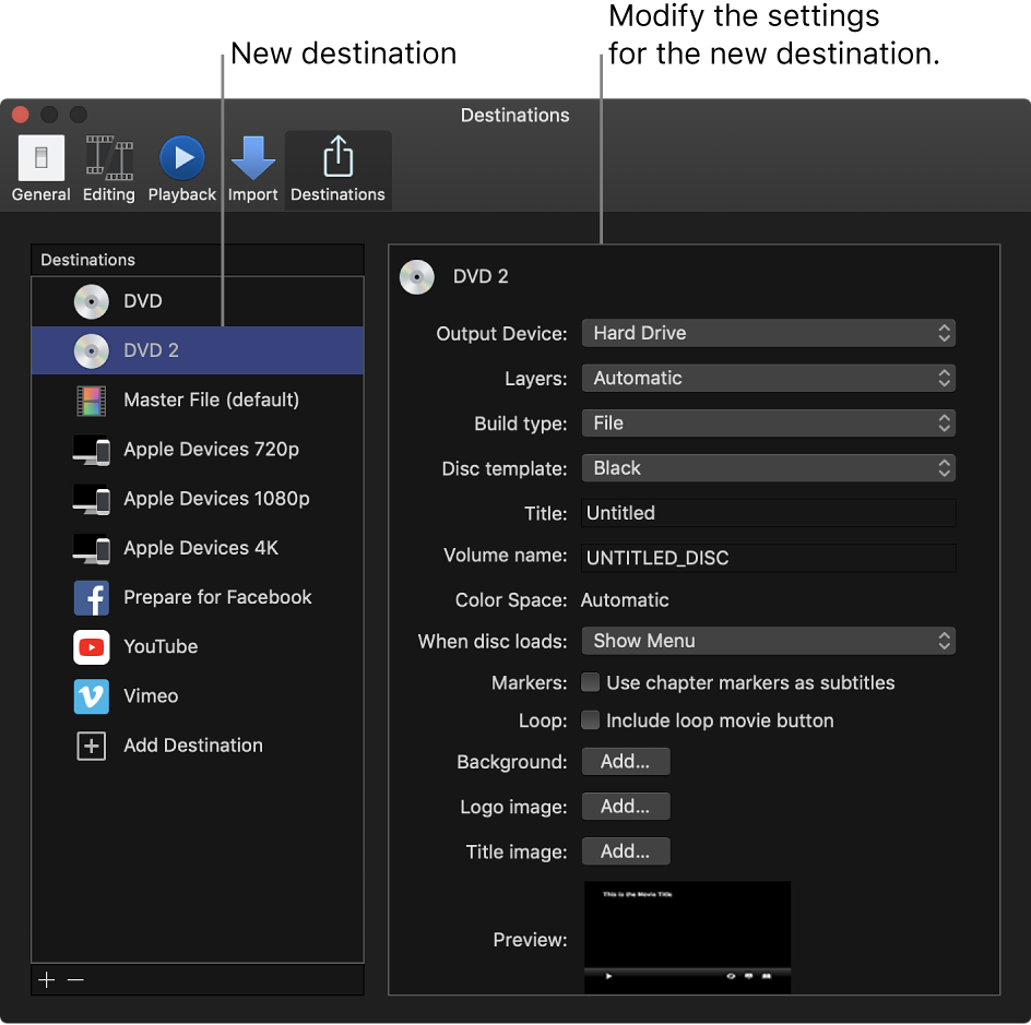 The Destinations pane of the Preferences window showing a duplicated DVD destination selected in the list on the left