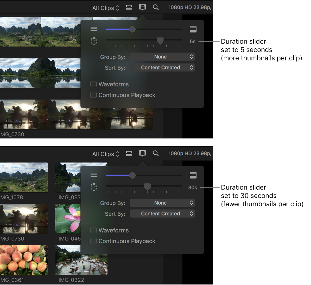 A comparison of the visual length of filmstrips in the browser when the Duration slider is set to 5 seconds and 30 seconds