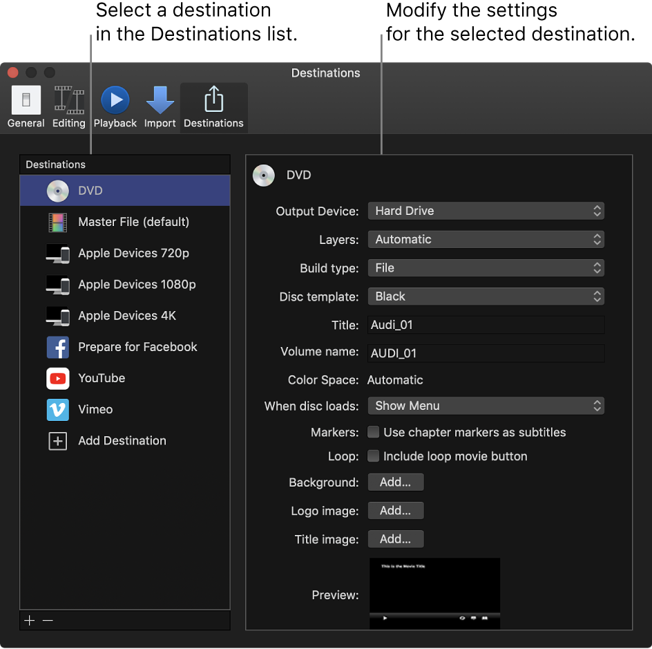 The Destinations pane of the Preferences window showing the DVD destination selected in the list on the left