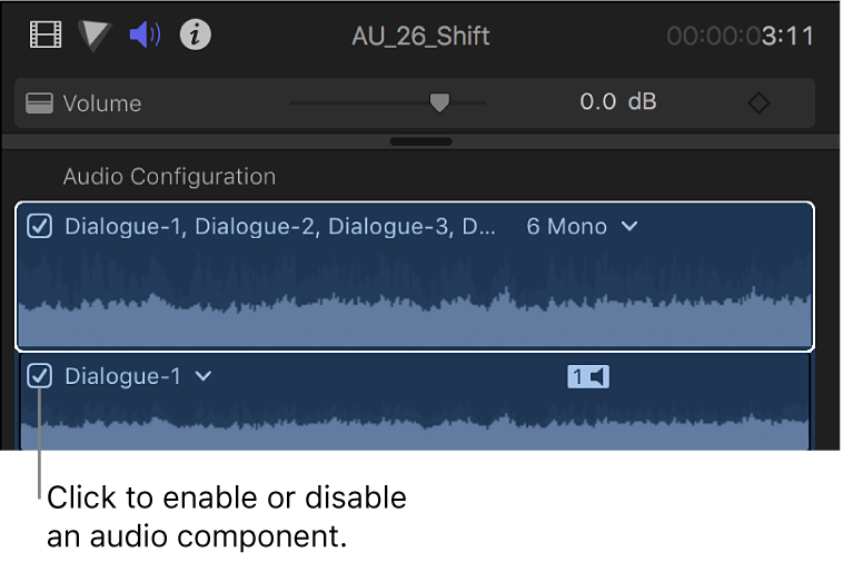 Sección “Configuración de audio” del inspector de audio con opciones para activar y desactivar componentes de audio