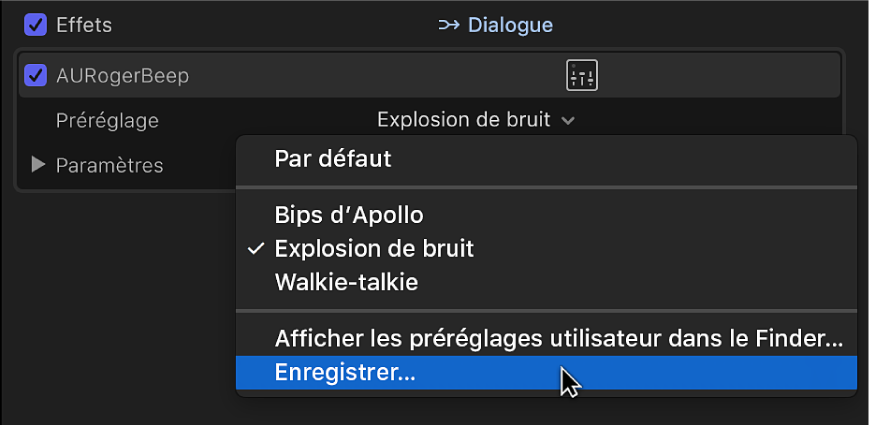 Section Effets de l’inspecteur audio affichant l’option Enregistrer le préréglage dans le menu local Préréglage