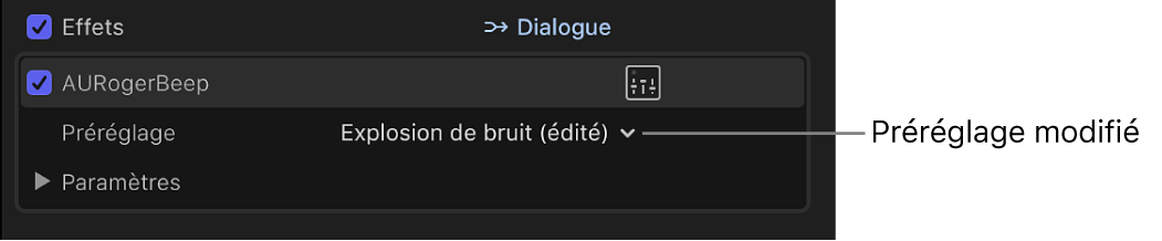 Section Effets de l’inspecteur audio affichant un préréglage d’effet modifié